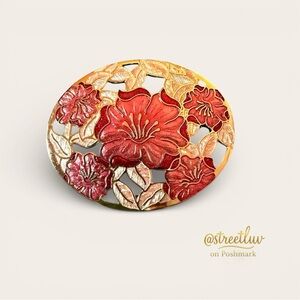 Vintage Fish Enterprises Floral Gold & Pink Champlevé Enamel Brooch
